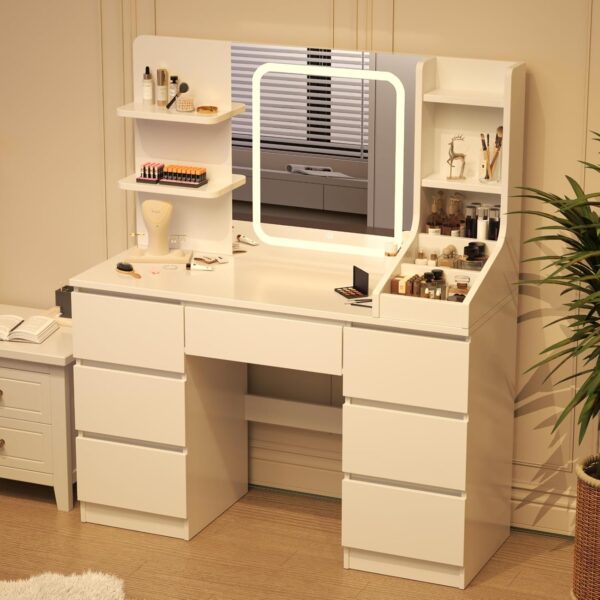 Coiffeuse avec Éclairage LED TRIUMPHKEY, 7 Tiroirs, 4 Étagères, Grand Meuble de Rangement pour Maquillage (Blanc, 110x40x139 cm)