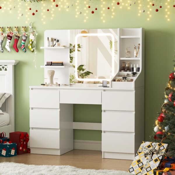 Coiffeuse avec Éclairage LED TRIUMPHKEY, 7 Tiroirs, 4 Étagères, Grand Meuble de Rangement pour Maquillage (Blanc, 110x40x139 cm)