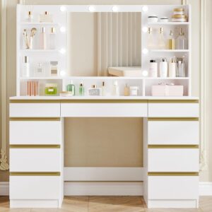 Coiffeuse Moderne avec 10 Lumières LED, Miroir Haute Définition et 9 Espaces de Rangement